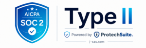 SOC 2 Type II badge powered by ProtechSuite with J-SAS website reference