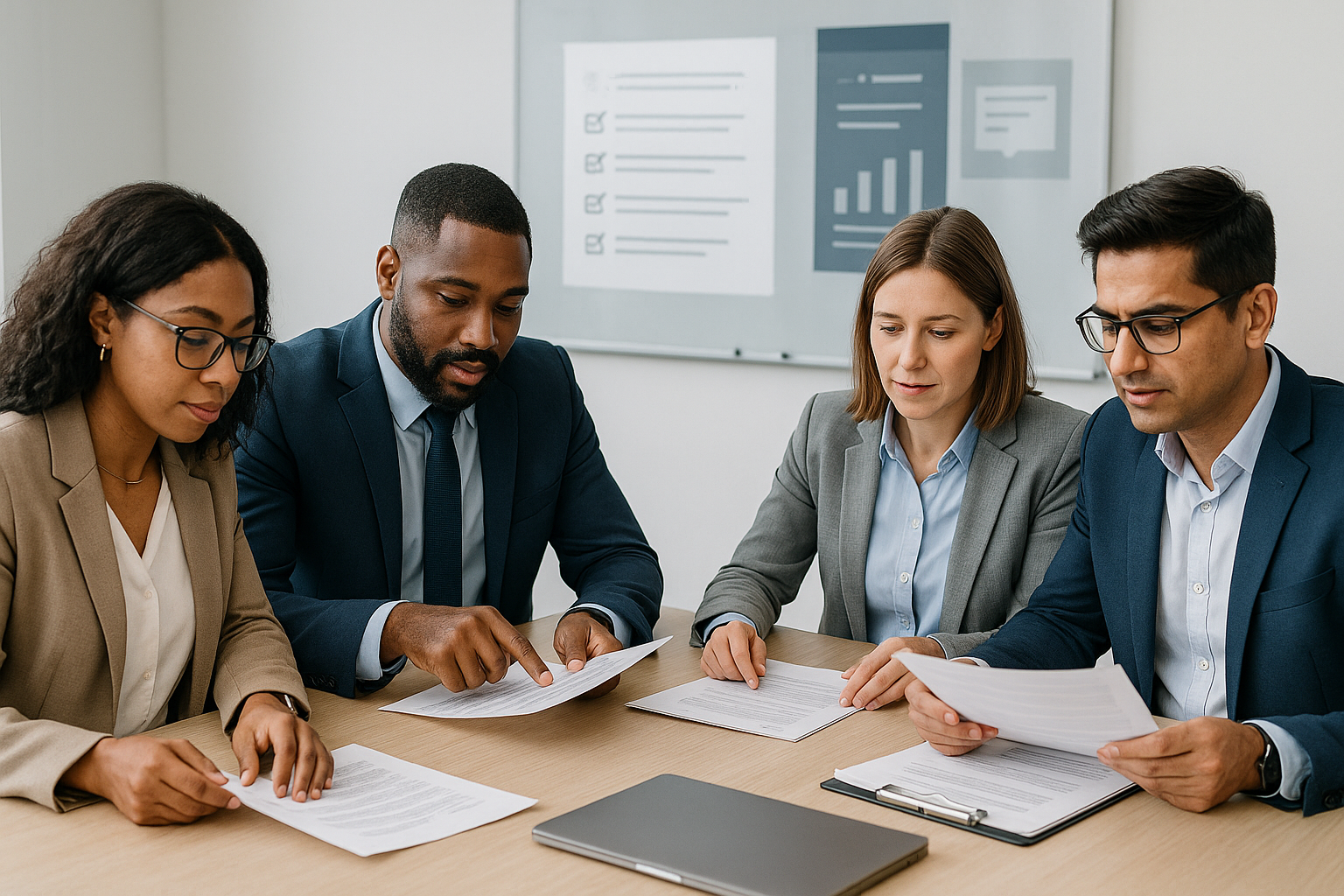 Four business professionals sitting at a conference table reviewing printed policy documents, with charts and checklists displayed on a whiteboard in the background, representing teamwork and effective policy management.