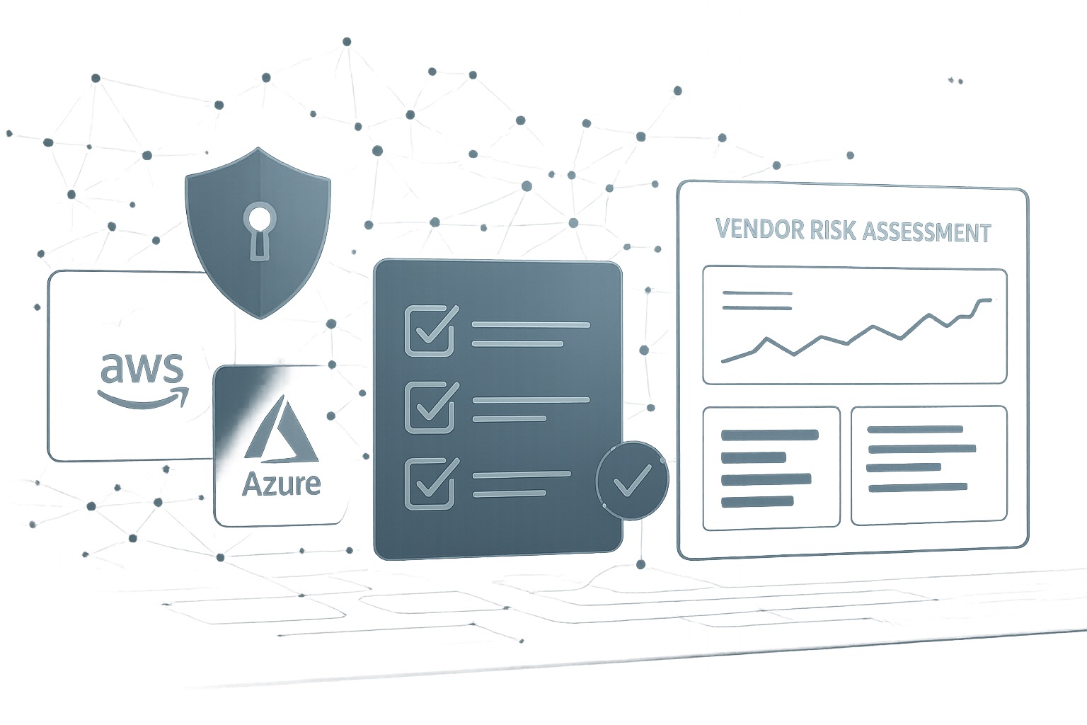 Digital illustration showing a vendor risk assessment dashboard with security icons, cloud provider logos (AWS, Azure), and compliance checklists representing third-party risk evaluation.