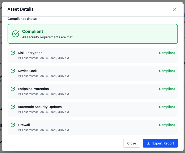 ProtechSuite asset details screen showing a device marked compliant with security controls including disk encryption, device lock, endpoint protection, automatic security updates, and firewall.