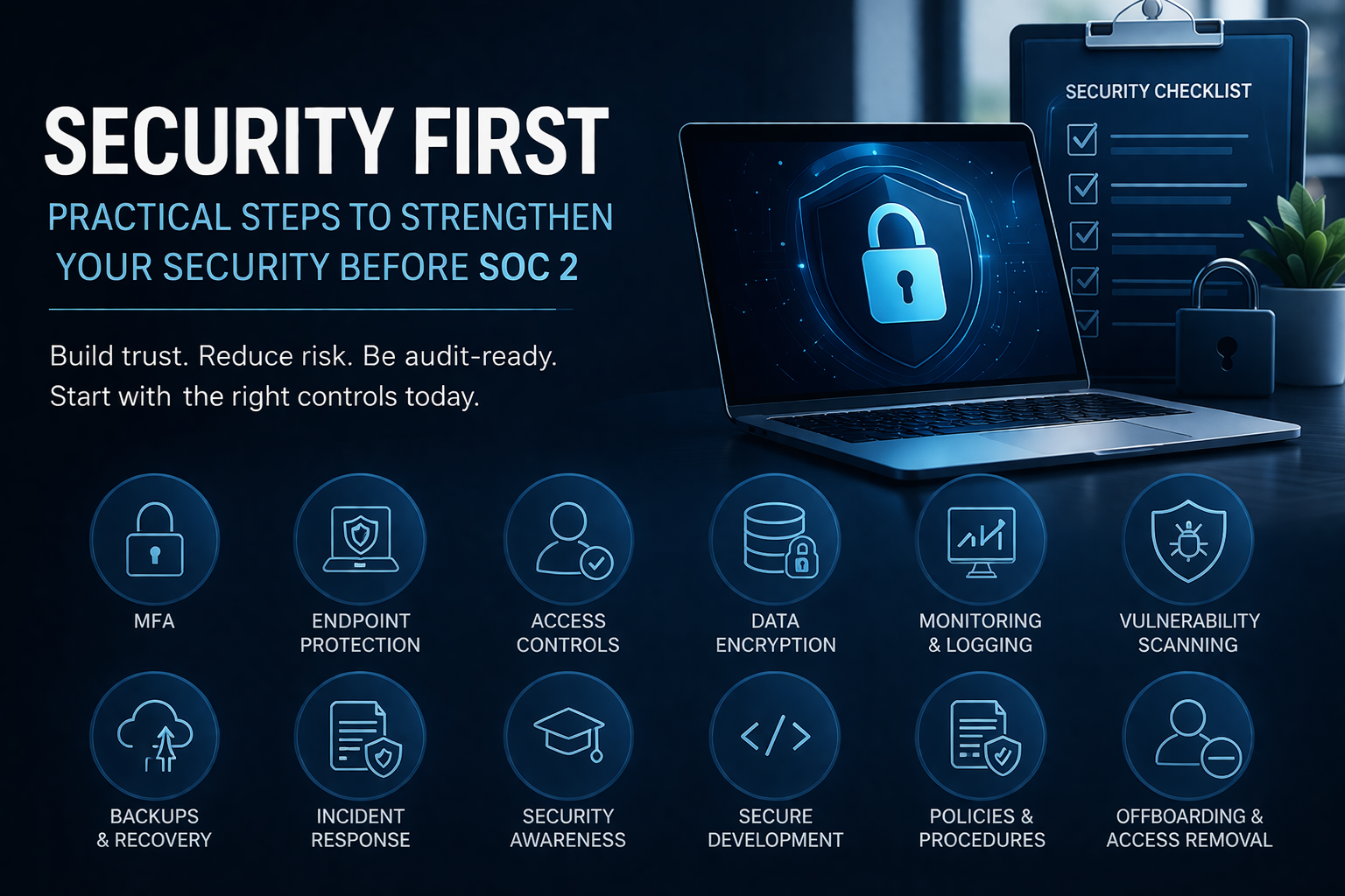 Security checklist for SOC 2 readiness showing MFA, endpoint protection, encryption, and monitoring controls