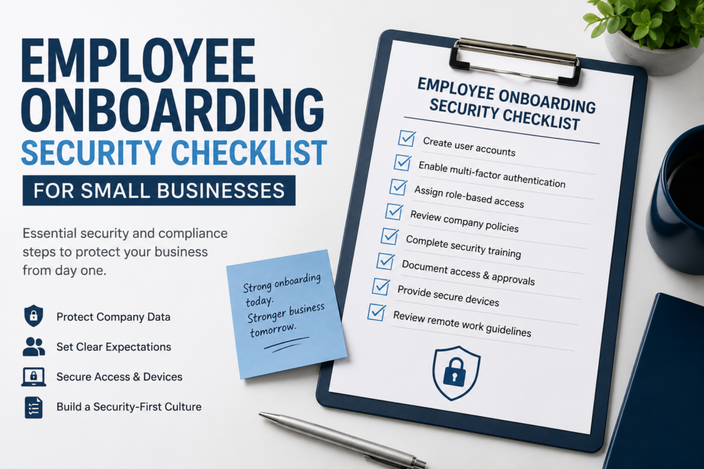 Employee onboarding security checklist for small businesses showing cybersecurity onboarding tasks, MFA setup, employee access management, and security awareness training.